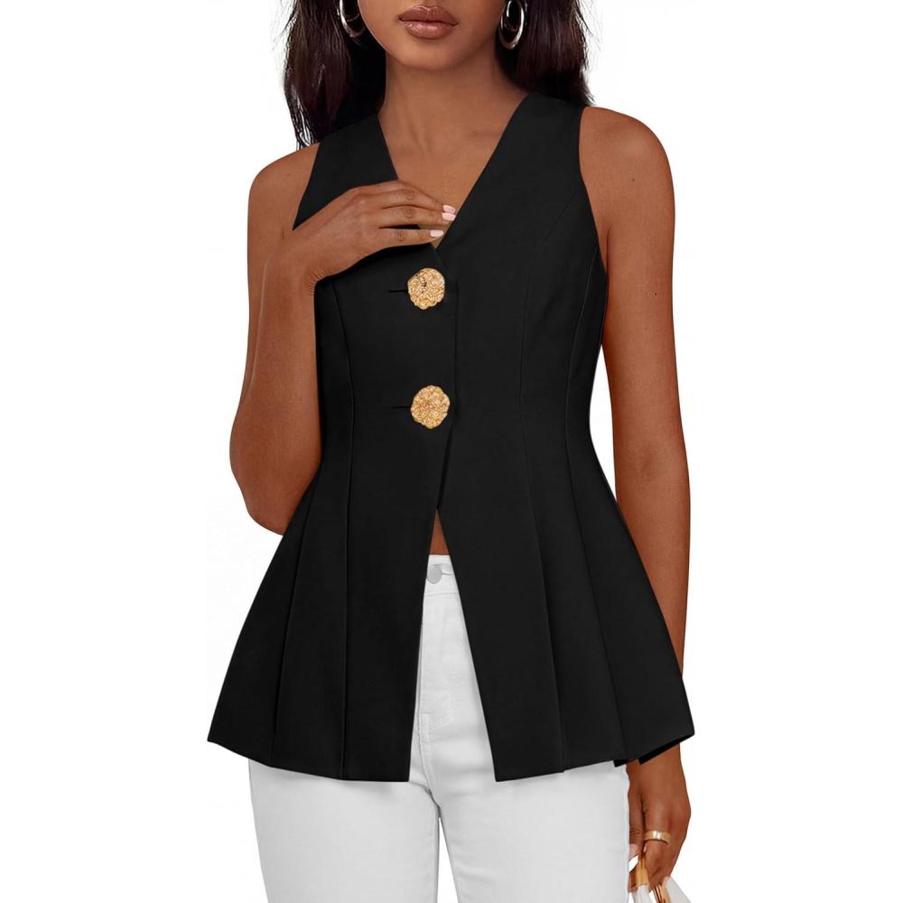imagePRETTYGARDEN Womens Summer Sleeveless Blazer Vest Tops 2026 Trendy V Neck Button Down Business Casual Suit Vests WaistcoatBlack
