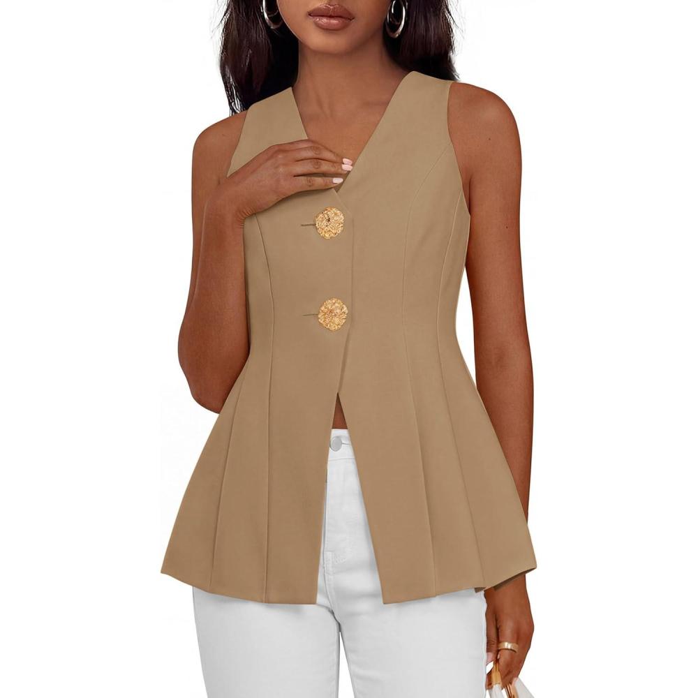 imagePRETTYGARDEN Womens Summer Sleeveless Blazer Vest Tops 2026 Trendy V Neck Button Down Business Casual Suit Vests WaistcoatKhaki