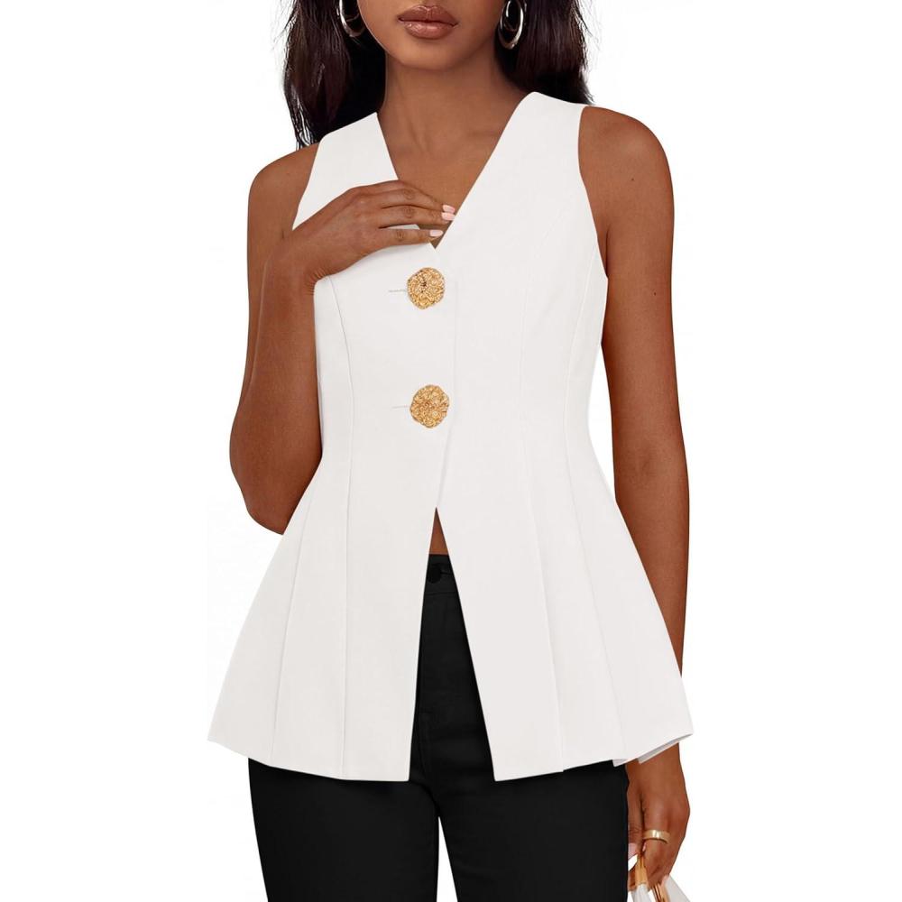 imagePRETTYGARDEN Womens Summer Sleeveless Blazer Vest Tops 2026 Trendy V Neck Button Down Business Casual Suit Vests WaistcoatWhite