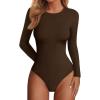 imagePRETTYGARDEN Bodysuits for Women 2026 Fall Long Sleeve Shirts Slim Fitted Basic Ribbed Layering Tops Fashion Winter ClothingBrown