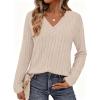 imagePRETTYGARDEN Fall Fashion 2026 Long Sleeve Shirts for Women Ribbed Knit V Neck Dressy Casual Lightweight Sweaters Tunic TopsBeige