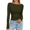 imagePRETTYGARDEN Long Sleeve Shirts for Women 2026 Fall Boat Neck Ribbed Knit Ruched Spring Going Out Tops Casual Basic TeesArmy Green