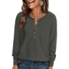 imagePRETTYGARDEN Women Long Sleeve Waffle Knit Shirts 2026 Fall Casual Button V Neck Loose Henley Tops Basic Tees Winter ClothesArmy Green