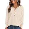 imagePRETTYGARDEN Women Long Sleeve Waffle Knit Shirts 2026 Fall Casual Button V Neck Loose Henley Tops Basic Tees Winter ClothesBeige