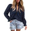 imagePRETTYGARDEN Womens Dressy Casual Blouse Tops Fall Spring Puff Long Sleeve Button V Neck Hollow Out Lace Embroidered ShirtsNavy
