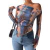 imagePRETTYGARDEN Womens Fall Trendy Off Shoulder Y2k Tops 2026 Tie Dye Mesh Long Sleeve Shirts Asymmetrical Ruched Floral BlouseBlue Watercolour