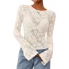 imagePRETTYGARDEN Womens Lace Long Bell Sleeve Tops 2026 Fall Sexy See Through Sheer Floral Blouse Shirt Spring Going Out OutfitsBeige