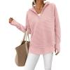 imagePRETTYGARDEN Womens Long Sleeve Quarter Zip Pullover Sweater Casual Loose V Neck Collared Ribbed Knit Jumper Tops Thumb HolePink