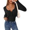 imagePRETTYGARDEN Womens Long Sleeve Tops 2026 Spring Fashion Clothes Henley Shirts Slim Fitted Ribbed Tees Blouses Fall OutfitsBlack