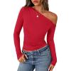 imagePRETTYGARDEN Womens Off Shoulder Long Sleeve Shirts 2026 Fall Ruched Fitted Asymmetrical Going Out Tops Trendy Y2K ClothesRed