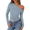 imagePRETTYGARDEN Womens Off Shoulder Long Sleeve Shirts 2026 Fall Ruched Fitted Asymmetrical Going Out Tops Trendy Y2K ClothesSky Blue