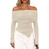 imagePRETTYGARDEN Womens Off The Shoulder Tops Spring Fashion 2026 Long Sleeve Shirts Going Out Slim Fitted Blouses Fall ClothesBeige