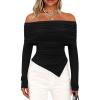 imagePRETTYGARDEN Womens Off The Shoulder Tops Spring Fashion 2026 Long Sleeve Shirts Going Out Slim Fitted Blouses Fall ClothesBlack