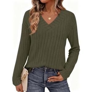 imagePRETTYGARDEN Fall Fashion 2026 Long Sleeve Shirts for Women Ribbed Knit V Neck Dressy Casual Lightweight Sweaters Tunic TopsArmy Green