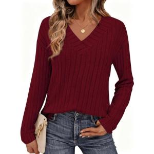 imagePRETTYGARDEN Fall Fashion 2026 Long Sleeve Shirts for Women Ribbed Knit V Neck Dressy Casual Lightweight Sweaters Tunic TopsBurgundy