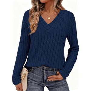 imagePRETTYGARDEN Fall Fashion 2026 Long Sleeve Shirts for Women Ribbed Knit V Neck Dressy Casual Lightweight Sweaters Tunic TopsNavy Blue