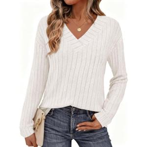 imagePRETTYGARDEN Fall Fashion 2026 Long Sleeve Shirts for Women Ribbed Knit V Neck Dressy Casual Lightweight Sweaters Tunic TopsWhite