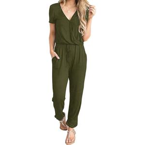 imagePRETTYGARDEN Jumpsuits for Women 2026 Spring Summer Casual Dressy Short Sleeve Romper Airport Vacation Travel OutfitsArmy Green