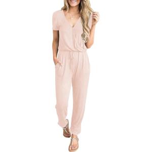 imagePRETTYGARDEN Jumpsuits for Women 2026 Spring Summer Casual Dressy Short Sleeve Romper Airport Vacation Travel OutfitsBeige