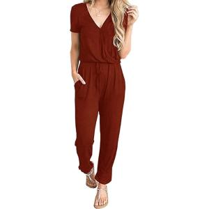 imagePRETTYGARDEN Jumpsuits for Women 2026 Spring Summer Casual Dressy Short Sleeve Romper Airport Vacation Travel OutfitsBrick Red