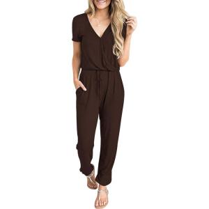 imagePRETTYGARDEN Jumpsuits for Women 2026 Spring Summer Casual Dressy Short Sleeve Romper Airport Vacation Travel OutfitsCoffee