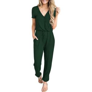 imagePRETTYGARDEN Jumpsuits for Women 2026 Spring Summer Casual Dressy Short Sleeve Romper Airport Vacation Travel OutfitsDark Green