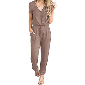 imagePRETTYGARDEN Jumpsuits for Women 2026 Spring Summer Casual Dressy Short Sleeve Romper Airport Vacation Travel OutfitsDark Khaki