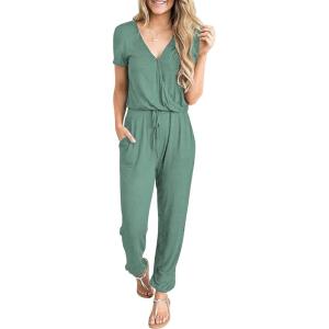 imagePRETTYGARDEN Jumpsuits for Women 2026 Spring Summer Casual Dressy Short Sleeve Romper Airport Vacation Travel OutfitsFruit Green