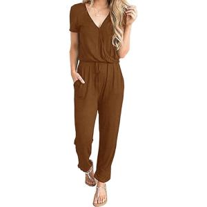 imagePRETTYGARDEN Jumpsuits for Women 2026 Spring Summer Casual Dressy Short Sleeve Romper Airport Vacation Travel OutfitsLight Brown