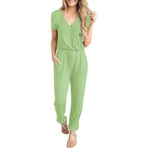 imagePRETTYGARDEN Jumpsuits for Women 2026 Spring Summer Casual Dressy Short Sleeve Romper Airport Vacation Travel OutfitsLight Green