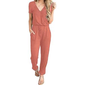 imagePRETTYGARDEN Jumpsuits for Women 2026 Spring Summer Casual Dressy Short Sleeve Romper Airport Vacation Travel OutfitsLight Pink