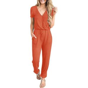 imagePRETTYGARDEN Jumpsuits for Women 2026 Spring Summer Casual Dressy Short Sleeve Romper Airport Vacation Travel OutfitsOrange Red