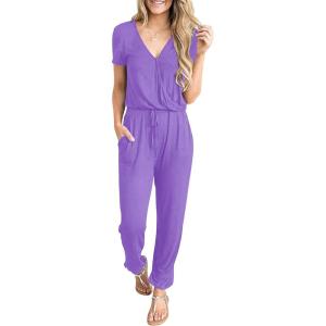 imagePRETTYGARDEN Jumpsuits for Women 2026 Spring Summer Casual Dressy Short Sleeve Romper Airport Vacation Travel OutfitsPurple