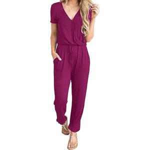 imagePRETTYGARDEN Jumpsuits for Women 2026 Spring Summer Casual Dressy Short Sleeve Romper Airport Vacation Travel OutfitsPurple Red