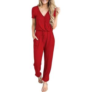 imagePRETTYGARDEN Jumpsuits for Women 2026 Spring Summer Casual Dressy Short Sleeve Romper Airport Vacation Travel OutfitsRed