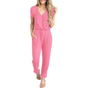 imagePRETTYGARDEN Jumpsuits for Women 2026 Spring Summer Casual Dressy Short Sleeve Romper Airport Vacation Travel OutfitsRose Pink