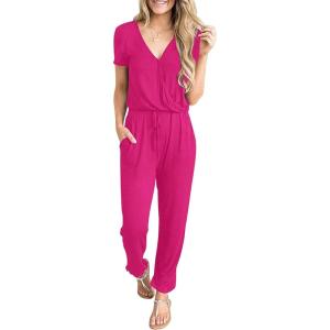 imagePRETTYGARDEN Jumpsuits for Women 2026 Spring Summer Casual Dressy Short Sleeve Romper Airport Vacation Travel OutfitsRose Red