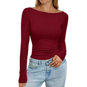 imagePRETTYGARDEN Long Sleeve Shirts for Women 2026 Fall Boat Neck Ribbed Knit Ruched Spring Going Out Tops Casual Basic TeesBurgundy