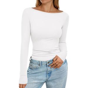 imagePRETTYGARDEN Long Sleeve Shirts for Women 2026 Fall Boat Neck Ribbed Knit Ruched Spring Going Out Tops Casual Basic TeesWhite