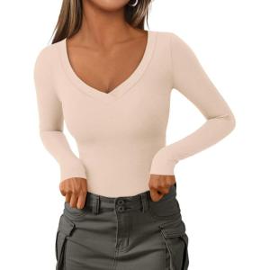 imagePRETTYGARDEN Long Sleeve Shirts for Women 2026 Fall Fashion V Neck Going Out Tops Slim Fit Basic Tees Y2K ClothesApricot