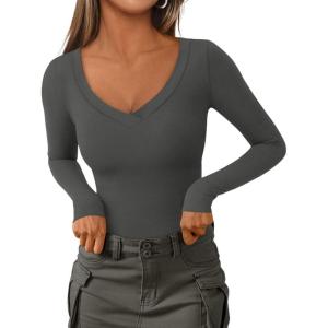 imagePRETTYGARDEN Long Sleeve Shirts for Women 2026 Fall Fashion V Neck Going Out Tops Slim Fit Basic Tees Y2K ClothesDark Grey