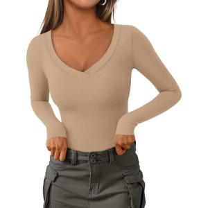 imagePRETTYGARDEN Long Sleeve Shirts for Women 2026 Fall Fashion V Neck Going Out Tops Slim Fit Basic Tees Y2K ClothesKhaki