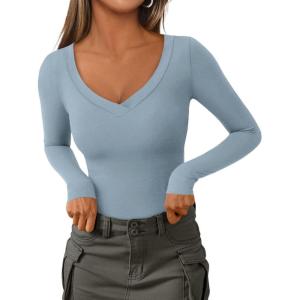 imagePRETTYGARDEN Long Sleeve Shirts for Women 2026 Fall Fashion V Neck Going Out Tops Slim Fit Basic Tees Y2K ClothesLight Grey Blue