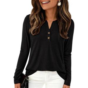 imagePRETTYGARDEN Long Sleeve Shirts for Women 2026 Spring Fashion Clothing Henley Tops Trendy Dressy Casual Blouses Work OutfitsBlack