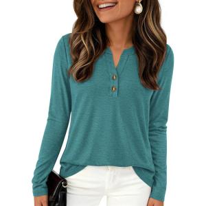 imagePRETTYGARDEN Long Sleeve Shirts for Women 2026 Spring Fashion Clothing Henley Tops Trendy Dressy Casual Blouses Work OutfitsBlue Green