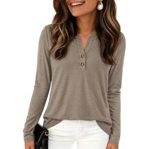 imagePRETTYGARDEN Long Sleeve Shirts for Women 2026 Spring Fashion Clothing Henley Tops Trendy Dressy Casual Blouses Work OutfitsKhaki