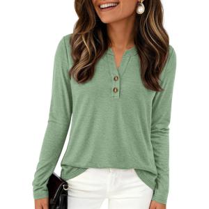 imagePRETTYGARDEN Long Sleeve Shirts for Women 2026 Spring Fashion Clothing Henley Tops Trendy Dressy Casual Blouses Work OutfitsLight Green