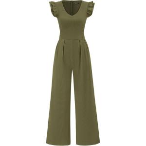 imagePRETTYGARDEN One Piece Jumpsuits For Women Dressy Ruffle Cap Sleeve V Neck Ribbed Knit Wide Leg Romper Casual Spring OutfitsArmy Green