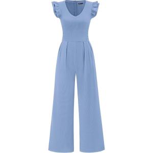 imagePRETTYGARDEN One Piece Jumpsuits For Women Dressy Ruffle Cap Sleeve V Neck Ribbed Knit Wide Leg Romper Casual Spring OutfitsBlue Grey