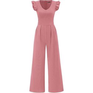 imagePRETTYGARDEN One Piece Jumpsuits For Women Dressy Ruffle Cap Sleeve V Neck Ribbed Knit Wide Leg Romper Casual Spring OutfitsDusty Pink